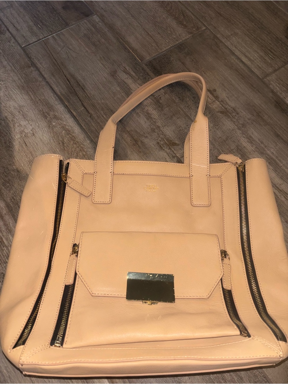 Vince Camuto Nude Leather Tote with Front Pocket & Zip Accents